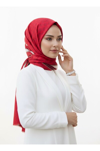 Vissona %100 Saf İpek Şal İnce Saten Vual Dokuma Monogram Desenli Kırmızı - S...