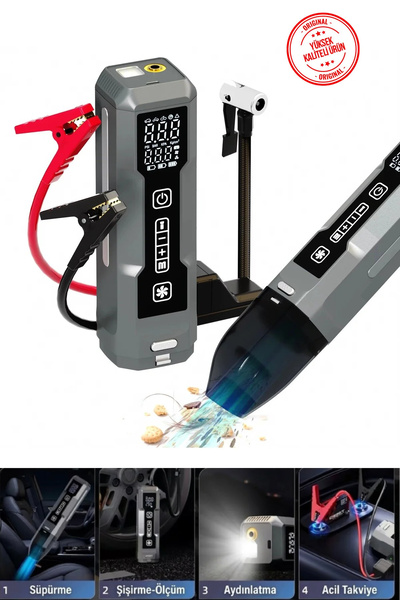 alphastore 4 in 1 Çok Fonksiyonlu Şarjlı Araç Süpürgesi, Akü Takviye, Lastik Şişirme ve Aydınlatma Feneri