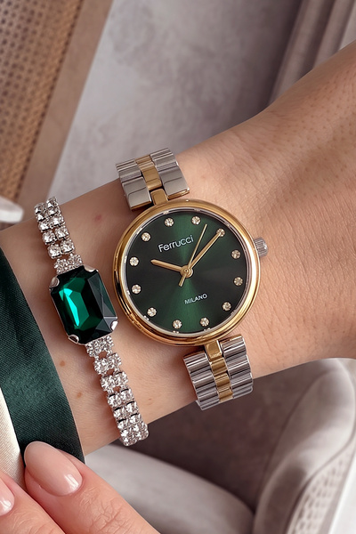 Ferrucci Bileklik Hediyeli Altın/Metalik Kadın Kol Saati 32 mm Taşlı Yeşil Ka...