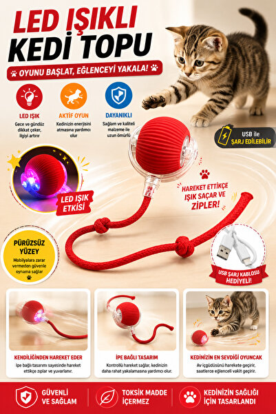 Petshop USB Şarjlı İnteraktif Hareketli Kedi Oyuncağı – Akıllı Kedi Topu İpli...