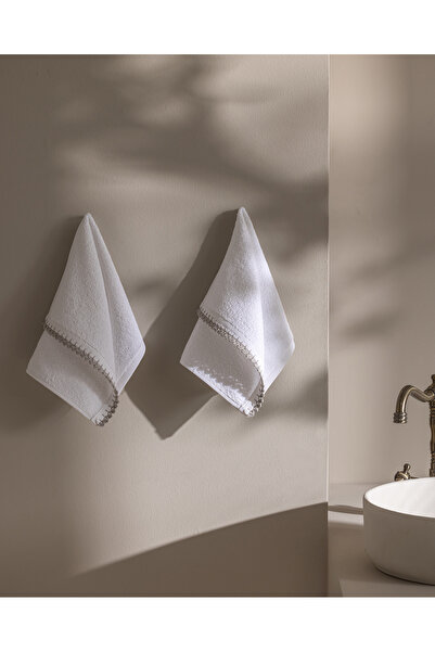 Madame Coco Camille 2-Pack 100% Cotton Crochet Hand Towels - White/Grey - 30X...