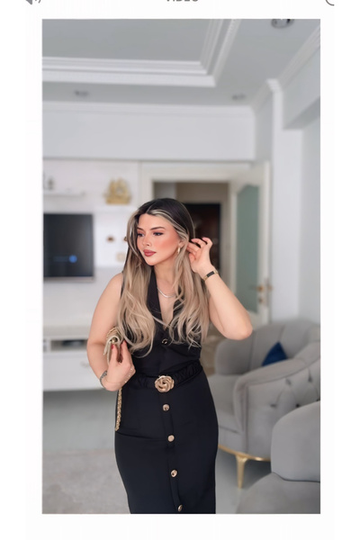 DENİZ Double Kumaş Gold Kemerli Kalem Elbise Siyah