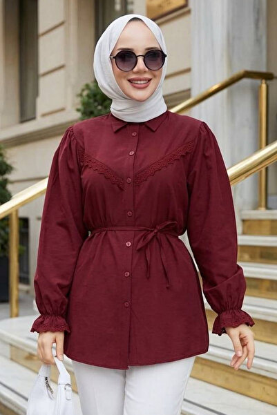 N.S NEVA STYLE Lace Detailed Burgundy Hijab Tunic 30341Br