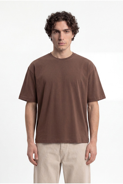 Machinist Men's Basic Cotton Crop Oversize T-Shirt Cocoa