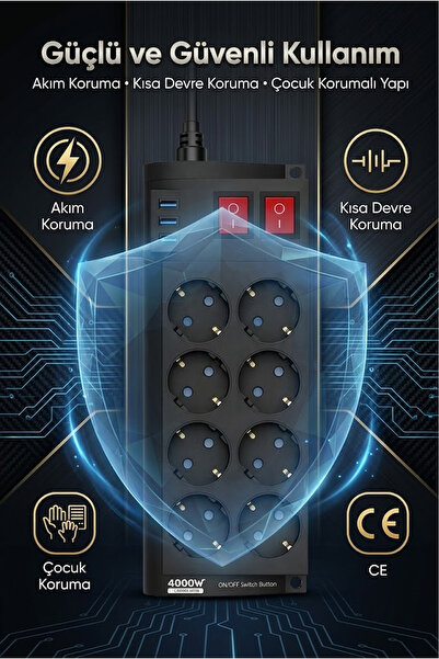 The Wlue 8'li Priz | 4000Watt |16A | Akım Korumalı | 2 Metre Uzatma Kablosu | 3xUSB-A | 2.1A