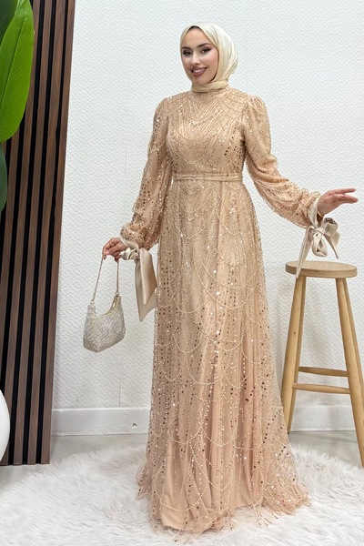 Lamia Giyim Kol Ucu Saten Abiye Gold