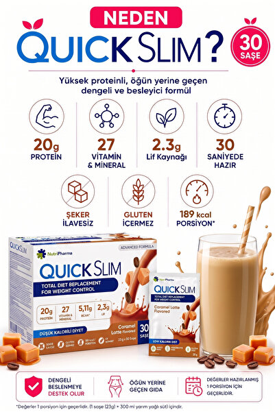 NUTRIPHARMA Quick Slim Öğün Yerine Geçen Shake - 30 Saşe Öğün Tozu - Karamel Latte Aromalı - Protein Shakes