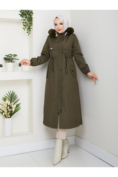 RACE FASHİON Bondit Coat with Hood, Elastic Waist and Fur Lining for Modest W...