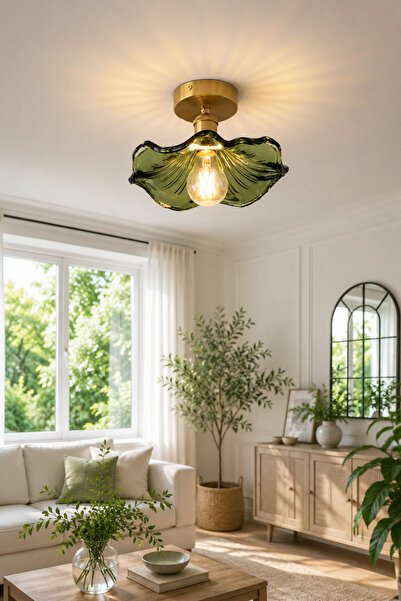 Luna Lighting Alya Model Yeşil Cam Klasik Salon Balkon Mutfak Oturma Odası Plafonyer Tekli Avize