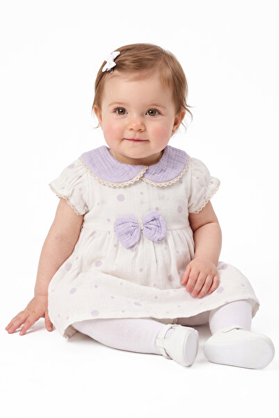 bebegen Baby Girl Ecru Lilac Scalloped Baby Collar Polka Dot Dress