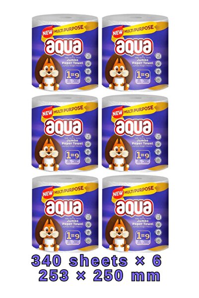 Aqua | مناديل ورقية للمطبخ 340 ورقة ×6 عبوة | أوراق ورقية فائقة الامتصاص وقوي...