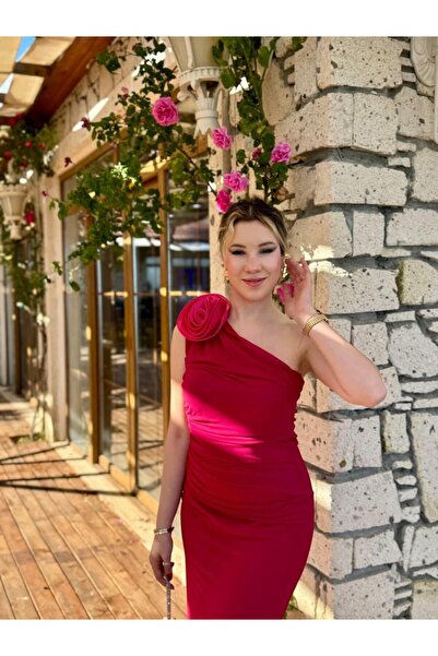 Glysso Kadın Tek Omuz Drapeli Gül Detaylı Fuşya Pembe Tül Elbise