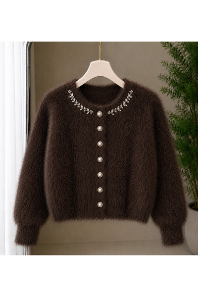 NATUFIAN STORE Women's Collar with Stone Detail, Furry Plush Look Basic Knitw...