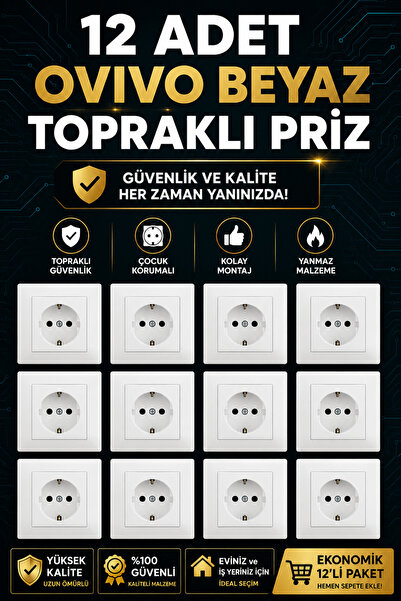 Ovivo Electric Ovivo Grano Beyaz Topraklı Priz 12'li Ekonomik Set - Çerçeve D...