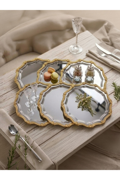 SEVA ÇELİK Steel Round Wave-Shaped 6-Piece Coffee Presentation Tray with Gold...