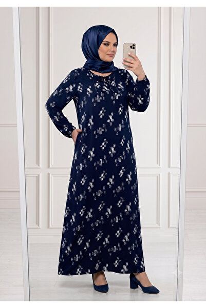 Women's Plus Size Woven Viscose Fabric Long Sleeve Modest Dress 33342-B