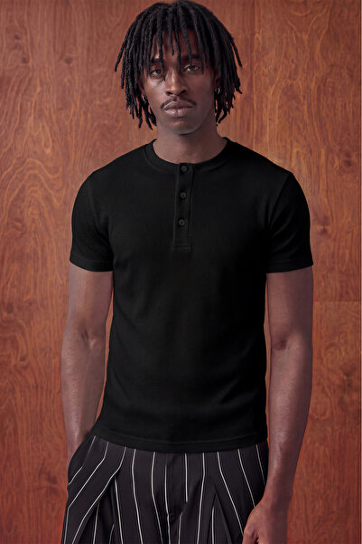 TWILIT Henley Yaka Muscle Fit Slim Fit Fitilli Tişört - Siyah