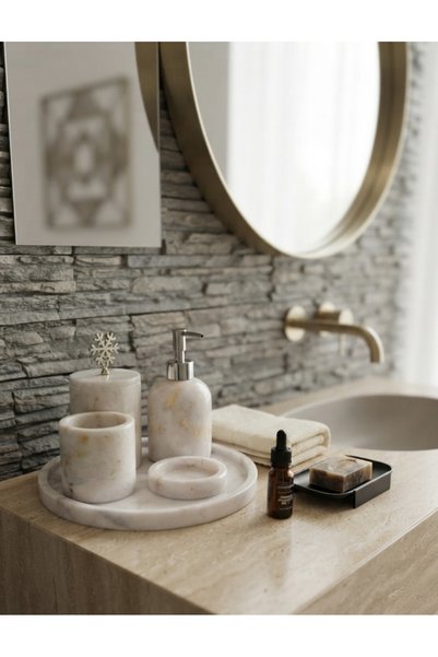 İNCEİSDESİGN Natural Marble 5 Piece Bathroom Set - Cream Sugar Opium