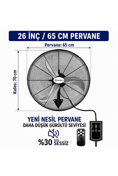 MUZEKO MZK650 26 ınç 65cm 180W KUMANDALI DUVAR TİPİ SANAYİ VANTİLATÖR EVDE KU...