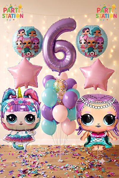 Parti Station Surprise Konsept 6 Yaş Balon Set Unicorn LOL Bebek Mor Rakam Ba...
