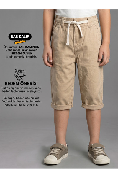 ROBİN KİDS Erkek Çocuk Krem Gabardin Lastikli Kapri Pantolon