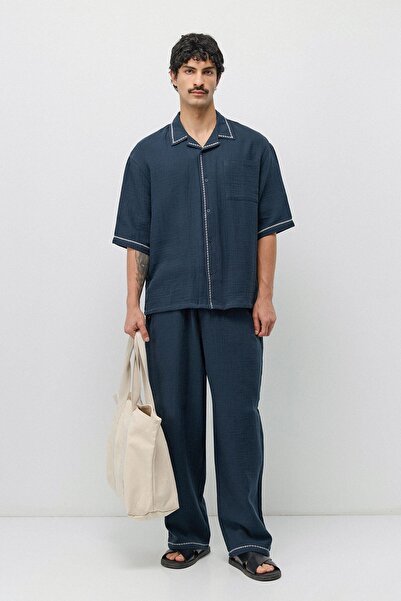 VAMOSCLO Oversize muslin shirt and wide leg pants set navy blue