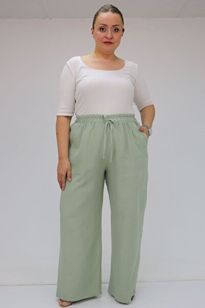 Eslina 59021 Large Size Muslin Wide Leg Trousers with Elastic Waist - Nefti