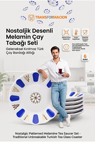 Transformacion Mavi Nostaljik Desenli Melamin Çay Tabağı Seti - 6 Adet Gelene...