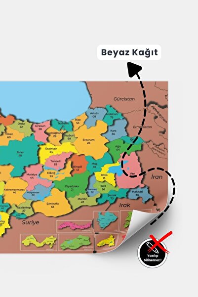 Pi Papers Renkli Türkiye Haritası, Türkiye Siyasi Haritası, Statik, Yapışkansız Sihirli Akıllı Kağıt Harita