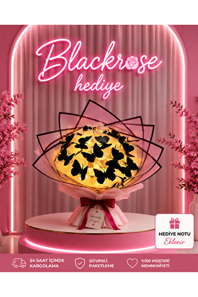 blackrosehediye Uzun Saplı Siyah LED Işıklı Kelebek Buketi | Sevgiliye, Eşe, ...