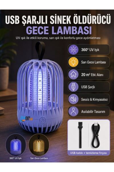 FLYONLOOK USB Şarjlı Sinek ve Sivrisinek Kovucu Gece Lambası 360° UV Işık Sar...