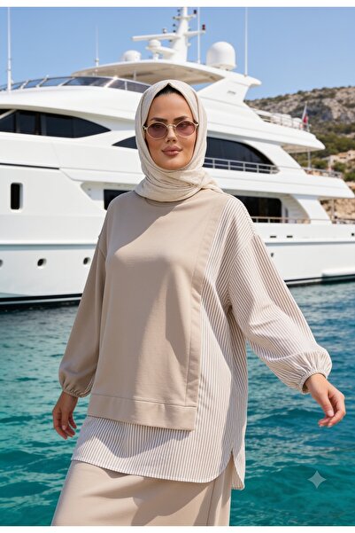 ASEL FASHİON Kadın Tesettür Takım Line İkili Takım Gömlek Bej