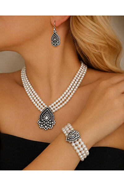 FUYA JEWELLERY Elmas Montür Damla İnci Kolye, Küpe ve Bileklik Set