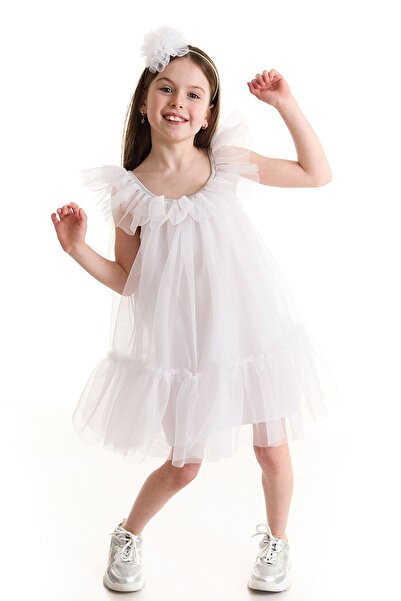 Colorinas April Girl's Party Dress with Shiny Piping Collar and Skirt Ruffles