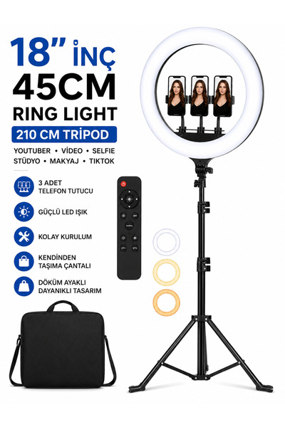 Moxti 18'İNÇ 45CM Kumandalı Işık LED 210 cm Tripod Youtuber Video Selfie Stüd...