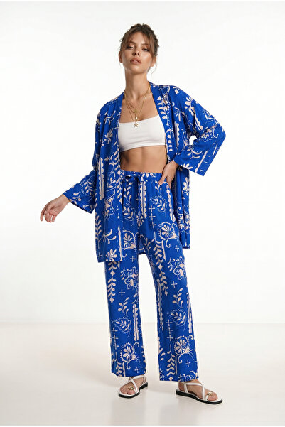 Lovelyİstanbul Desenli Yazlık Viskon Kimono Pantolon Takım LRN0013 KOYU MAVİ ...