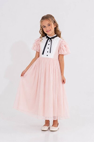 Eray Kids Kolları Fırfırlı Pileli Şifon Uzun Kız Çocuk Abiye Elbise
