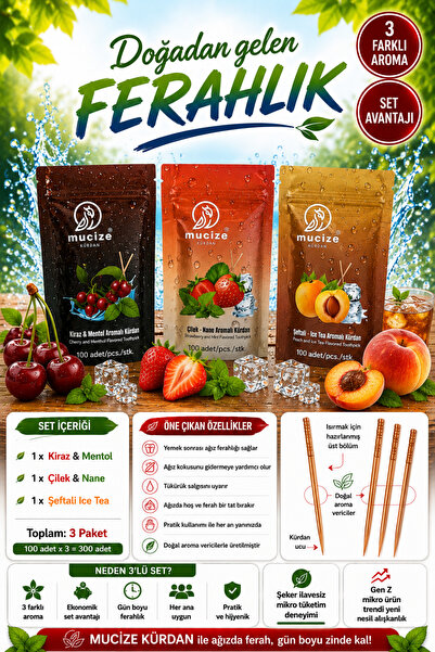 mucize Aromalı Kürdan 3"lü Doypak Set (KİRAZ-MENTOL/ÇİLEK-NANE/ŞEFTLAİ-BUZLU ...