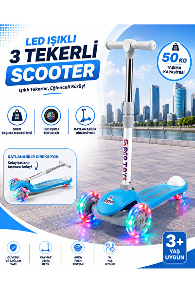 POZART GTpro Çocuk Scooter Katlanabilir 3+Yaş 3Tekerli Led Işıklı 50Kğ Kapasite