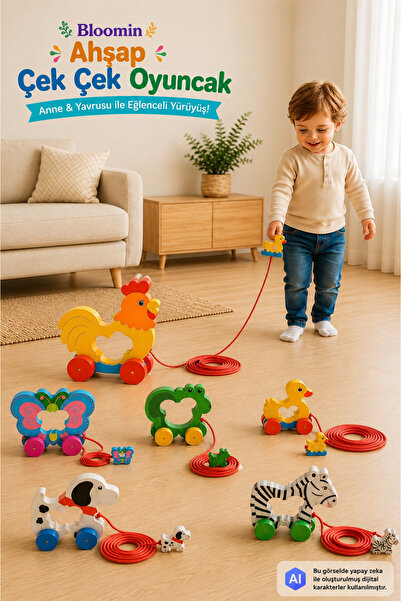 Bloomin Wooden Pull-Along Animal Figured Educational Toy, Hand-Eye Coordination Enhancing Educational Baby Kids Toy