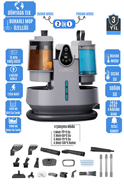 mogo tech MG-201 Premium - Sesli Komutlu Buharlı Temizlik Makinesi Mop Başlık...