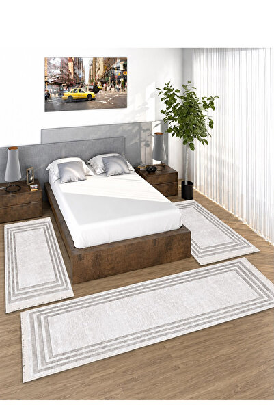 STY Home Gri Dijital Baskılı 3 'lü Yatak Odası Halısı Yolluk Takımı 80x150 2 ...