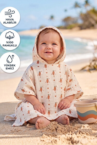 Babyiz Organik %100 Pamuk Müslin Desenli Çocuk Panço - Kapüşonlu Deniz, Havuz ve Banyo Havlusu
