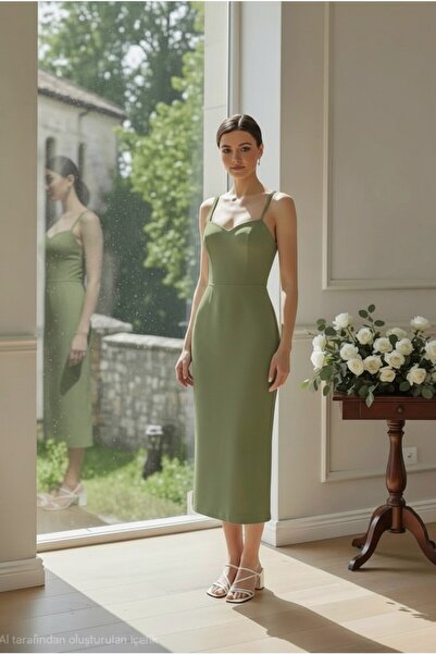 ENDAMIM Sweetheart Neckline Scuba Midi Dress Slim Fit Slit Zipper Wedding Wed...