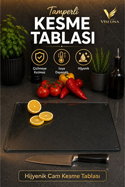 VİSLUNA Füme Temperli Cam Kesme Tahtası 35x25 Cm | Kırılmaz, Isıya Dayanıklı, Hijyenik Cam Kesme Tablası ve Mutfak Sunum Panosu
