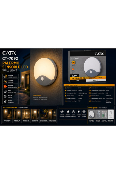 Cata CT-7092 12w Metal Sıva Üstü Sensörlü Led Bahçe Armatürü 4000K Ilık Beyaz