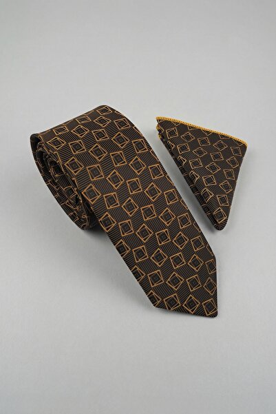 Milleniva Geometric Patterned Brown Tie & Handkerchief