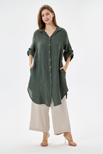 della moor Khaki Italian Folded Long Sleeve Linen Tunic Shirt Dress 38 - 42 Size