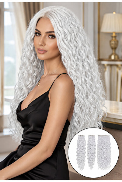 Makromehome Kır Beyazı Dalgalı Yarım Ay Saç – Sentetik Çıt Çıt – 3 Parça