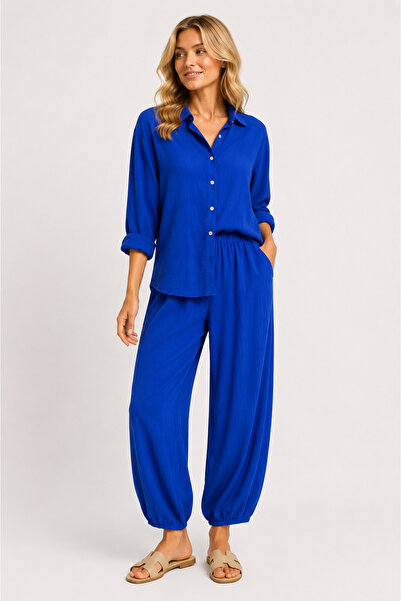 Sibel Günay Butik Parliament Blue Casual Shirt and Waist Elastic Pleated Trou...
